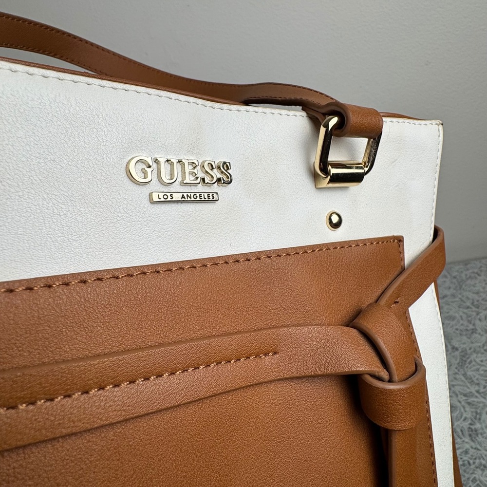 Guess Los Angeles White Brown Colorblock Tote Bag Satchel Purse Neutral Classic